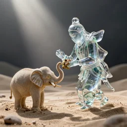 a genie made of glass eating an elephant made of sand