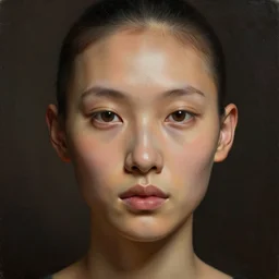 detailed portrait in femininity, realistic face sculpted features, ethnic, exotic, clear eyes, statuesque, feline, warm glowing skin, chiaroscuro, tangible, peach fuzz, angular impressionism, deep ambient backdrop, contemporary, modern fashion, natural colors, greg rutkowski and gaston bussiere and craig mullins and j. c. leyendecker