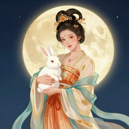 beautiful digital illustration of a chinese moon goddess change e, holding a white rabbit, by ilya kuvshinov, select art, sharp