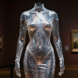 torso wrapped in cellophane, slimy and transparent, beautiful art photograph, museum worthy, prize winner, very realistic, high definition