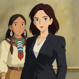 cartoon render painting of a strikingly gorgeous assiniboine and mandan and german woman with blue eyes and dark brown hair, wearing a modern black business suit, by studio ghibli and rossdraws