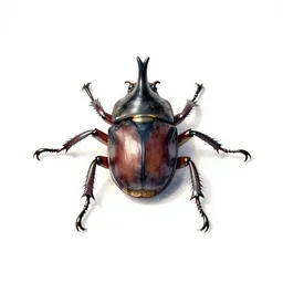 watercolor style rhinoceros beetle, clean 3d render, full body, isolated on a pure white background, centered, entire subject in frame, sharp focus, soft studio lighting