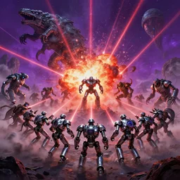 epic army of chrome robots battle creatures on alien planet, explosions, smoke, purple and red lazers, landscape, alex ross, neal adams, david finch, war, concept art, matte painting, highly detailed, rule of thirds, dynamic lighting, cinematic, detailed, denoised, centerd