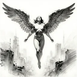 frank frazetta woman with wings centered on back, flying through a post apocalyptic city, full figure charcoal sketch, black and white, hyper realism, centered in portrait, 8 k, realistic, photo real, smooth, sharp, intricate detail, hyper detail, dramatic lighting, dramatic shading