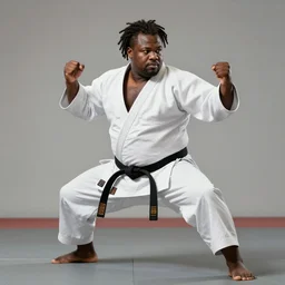 hyperrealistic mixed media portrait of an overweightblack man with dreads wearing a gi, doing karate form on a mat, martial arts, 8 k octane beautifully detailed render, post - processing, extremely hyperdetailed, trending on artstation