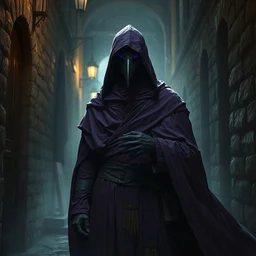 medium shot, acolyte sorcerer, ( ( ( in a purple magician robe ) ) ), with a black bird mask, dark alley, cinematic lighting dark fantasy matte painting by dave dorman, trending on artstation