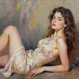 colorful oil painting of a woman reclining, 4k, alluring, appealing, charming, cute, dazzling, elegant, exquisite, fine, gorgeous