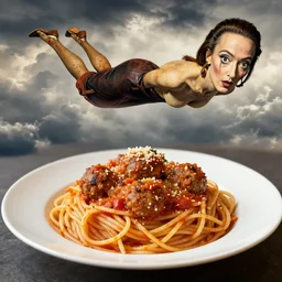 spaghetti bolognesa with meatballs and hundred rusted perfect woman bodies flying in stormy clouds by dali, hyper - realism
