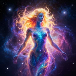 The God of Music, colourful body, glowing hair, galaxy background, digital art