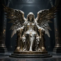 fallen angel sitting on a throne in a dark temple, beksinski, wayne barlowe, adrian smith fantasy art, hr giger