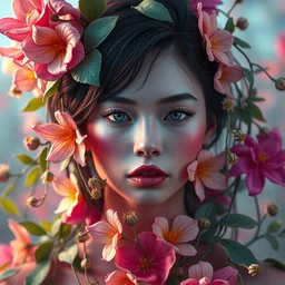 colourful vfx art - portrait of linda evangelista wrapped in flowers & vines, art by hsiao - ron cheng & james jean, volumetric light, ray tracing, sharp, detailed, digital painting, illustration, highly detailed, intricate detail, unreal engine, octane render, pinterest, behance, art station