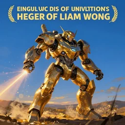 a mech warrior as armored core v by liam wong, laser beam ; outdoor, pure blue sky, wilderness ground, golden time, twilight ; digital painting, dynamic contrast, bokeh, motion blur, photoreal, cinematic,