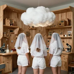 realistic photo of a three young female scientists wearing white shorts, faces hidden veil, watching at a levitating fluffy furry cloud, in a living room sci - fi laboratory with many wooden gadgets made of wood interior is made of wood 1 9 9 0, life magazine reportage photo, natural colors