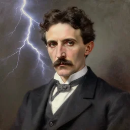a portrait of Nikola Tesla with lightning in the background, realistic painting, classical painting, high definition, digital art, matte painting, very detailed, realistic