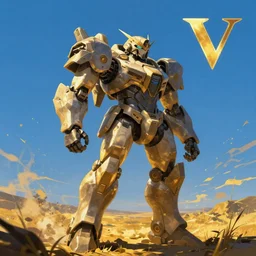 armored core v by liam wong ; outdoor, pure blue sky, wilderness, golden time ; digital painting, dynamic contrast, photoreal, cinematic,