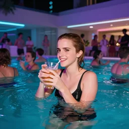 Emma Watson having fun drunk in a pool party filled with people in a modern indoors pool with cyberpunk illumination at night . 4k photo. Hyper realistic