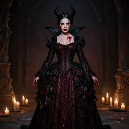 megan fox witch queen, black eyes, blood, full body, intricate victorian dress, symmetrical eyes, rafael albuquerque, frank frazetta, moody lighting, candles