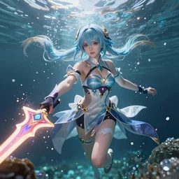 a beautiful female human anime of time character, character is in all its glory under the water, character is centered on the image, character is holding magic weapon, rim lights, highly detailed professional photo, dynamic lights, particles and crystals are flying, very deep depth of field, trending on artstation, illustration, hyper realistic, vray caustics, super detailed, colorful accents, cinematic shot