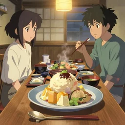 a delicious japanese dinner, key visual, a fantasy digital painting by makoto shinkai and james gurney, trending on artstation, highly detailed