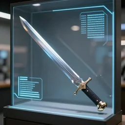 a photo of a clean alien sword shop, futuristic, holographic, 8k, sharp focus, fujifilm