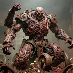 movie still of repulsive flayed god vehicle battle chaos, intricately macerated by age, sentient, dethroned goliath machine, blood turbines, hydrocracking battles, rusted, macerated, eviscerated by fimbria wires, bicornate fungal pit, rotting, by alberto bontempi, alex ross, shigeru komatsuzaki,