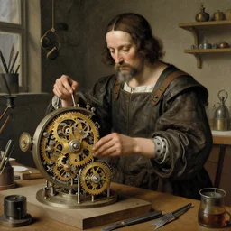 mechanical man with clockwork mechanisms in a workshop | Leonardo Da Vinci |