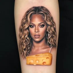 a really bad tattoo of beyonce and some chedder, realism tattoo