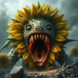a fantasy photo of sunflower monster with real human mouth, by nuri iyem, james gurney, james jean, greg rutkowski, anato finnstark