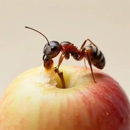 a super realistic studio quality photo of an ant eating an apple, true to life, soft lighting