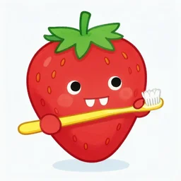 a cute strawberry with two front teeth, holding a yellow toothbrush, in the style of debbie criswell