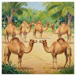 painting of a garden full of camels, by Alex heywood