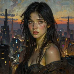 stunning, breathtaking, awe-inspiring award-winning concept art nouveau painting of attractive Ashley Liao, with anxious, piercing eyes, in an endlessly sprawling post-apocalyptic industrial city at dusk, by Alphonse Mucha, Michael Whelan, William Adolphe Bouguereau, John Williams Waterhouse, and Donato Giancola, cyberpunk, extremely moody lighting, glowing light and shadow, atmospheric, cinematic, 8K