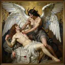 a demon attacking a bleeding angel, painting, extremely detailed, elegant, hyperrealistic, art deco