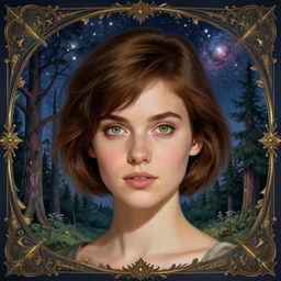 pretty girl with short brown hair and green eyes, beautiful trees and night sky with stars and galaxies, ornate detailed background, trending on artstation, by ilya kuvshinov, thomas kinkade