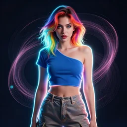 a award winning portrait of a beautiful woman with stunning eyes in a one off shoulder croptop and cargo pants with rainbow colored hair, outlined by whirling illuminated neon lines and fine lines swirling in circles by ilya kuvshinov, digital art, trending on artstation