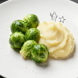 brussel sprouts on white gravel, mashed potatoes, Michelin star, award winning