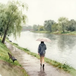 A rainy day by the riverside, watercolor painting