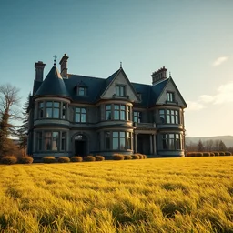 ultra wide angle photograph of hygge mansion with elegant fancy architecture in idyllic cozy scottish field, sunny