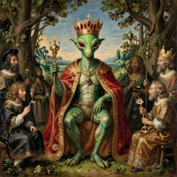 17th century oil painting of a green space alien being crowned king at an extraordinary coronation ceremony, 8k, ultra detailed, ultra intricate,