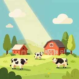 miniature farm, minimalistic vector art, godrays on animals, volumetric light, cartoon render, pasture, cows, barn, happy landscape