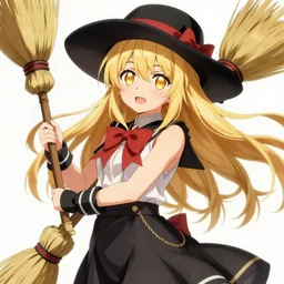 pixiv artwork of marisa kirisame from touhou project, marisa kirisame touhou artwork by greg rutkowski key art kyoto animation 4 k 8 k ultrahd trending award winning black hat broom blonde hair finely detailed golden eyes