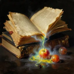 a baroque neoclassicist close - up painting of medieval books and melting fruit. reflective detailed textures. glowing colorful fog, black background. highly detailed fantasy science fiction painting by moebius, norman rockwell, frank frazetta, and syd mead. rich colors, high contrast. artstation