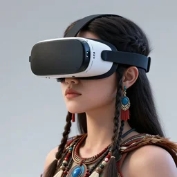 vertical portrait of ancient iroquois female with vr glasses and cyberpunk style, extremely fine detail background, highly detailed, detailed eyes, high quality, fashion editorial photography, hyperrealistic, from vogue magazine
