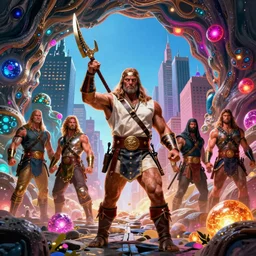 conan the barbarian in modern day new york, bright colors, biotechnology, cave glowing stones, epic composition, donato giancola, tim hildebrandt, wayne barlow, bruce pennington, larry elmore