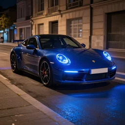 porsche in night street blue led lights