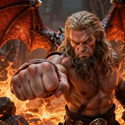 closeup Photo of Conan the Barbarian punching a fire dragon in a lava dungeon, rim lighting, unreal, octane, Frank frazetta, vibrant color, dramatic lighting, Edgar Rice Burroughs, ray tracing