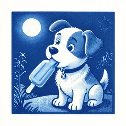 blue woodcut print cartoon, puppy licking popsicle at midnight by greg rutkowski, fine details, highly detailed