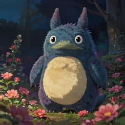 spirit creature in the flowers at night made by studio ghibli, beautiful scene, detailed, high quality, high details, smooth, 8 k, detailed creature