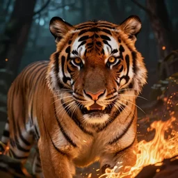 close up burning tiger in the night forest, mystery, scared, fantasy, highly detailed, digital painting, concept art, sharp focus, illustration, beautiful volumetric lighting, epic light, artstation