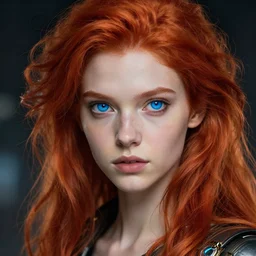 a young tall, slender girl, with fiery red hair and bright blue eyes, hyperrealistic face, beautiful eyes, fantasy art, in the style of greg rutkowski, intricate, hyperdetalized, smooth, cyberpunk, tech